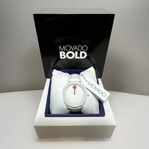 Movado Women's Bold Pink Crystal Dial White Leather Watch - 360176 ($450MSRP)